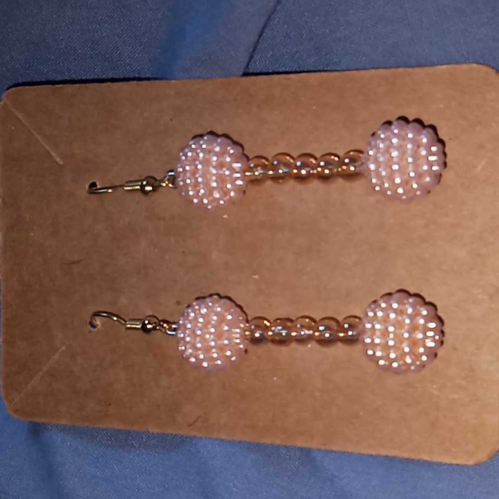 Hand Crafted Pink iridescent blown glass peach pearl Drop statement earrings